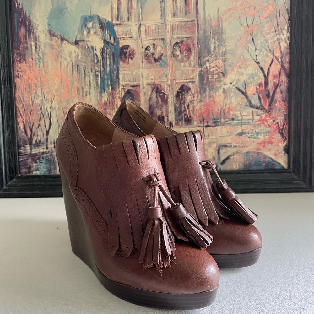 Aldo Sz EU37 Wedge Heel Brown Vintage Style Boots With Tassles - Picture 1 of 7